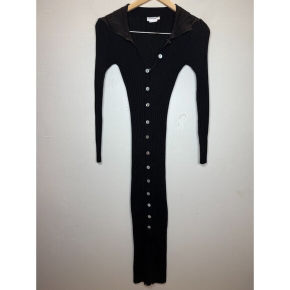 Lovers and Friends Women's Size Large Black Ribbed Button Front Midi Dress - Picture 1 of 4